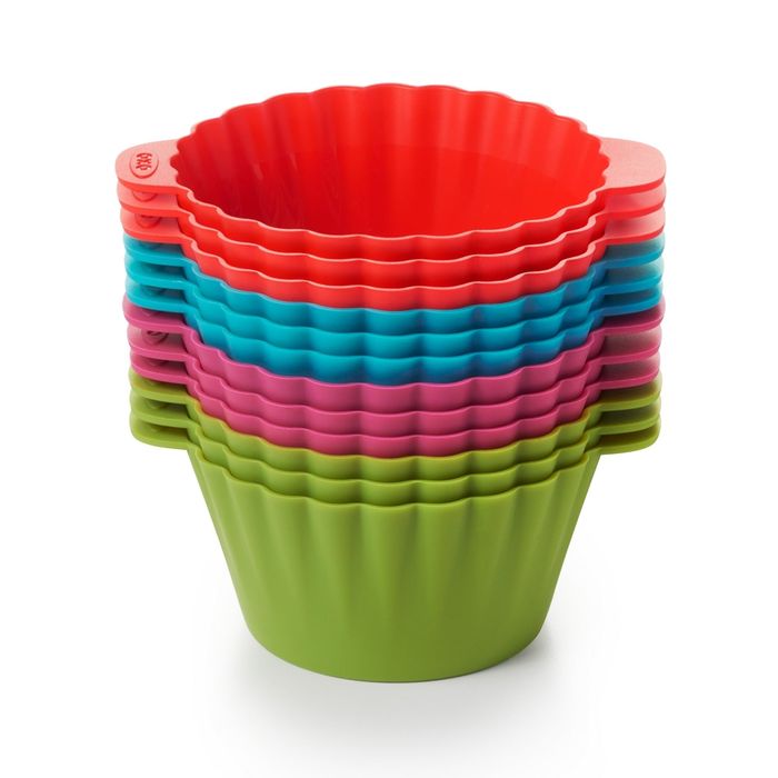 A set of vibrant, multi-sized silicone baking cups available for purchase