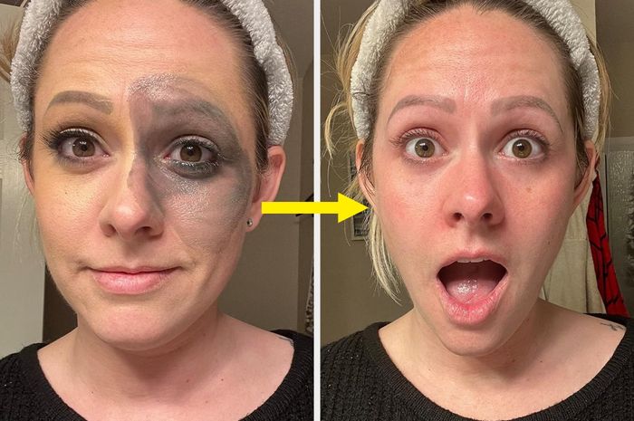 The reviewer before and after using the balm to remove makeup