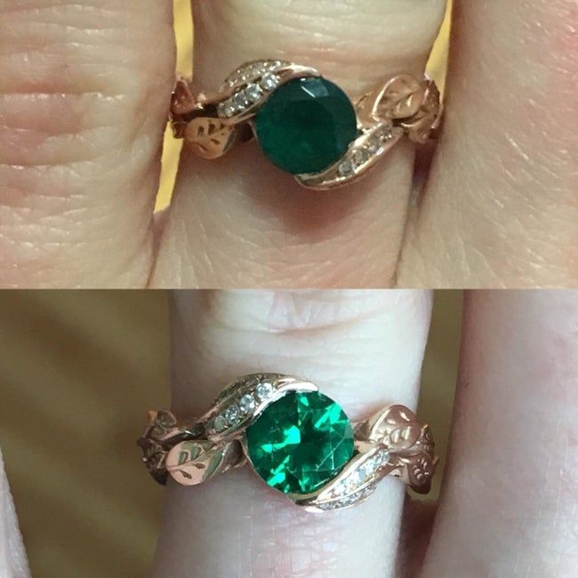 Reviewer before and after images showing their cloudy emerald looking brilliant and sparkling after using the pen