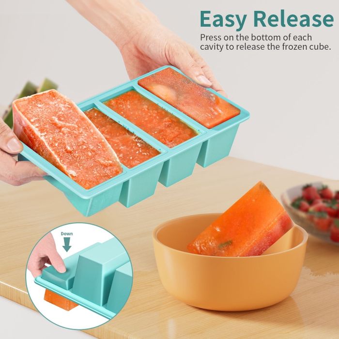A person holding an ice cube tray filled with large frozen watermelon cubes, showing how to press the bottom to release a cube into a bowl. Text: "Easy Release."