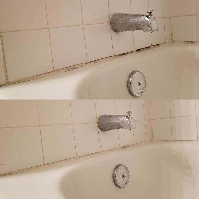 Before photo of a reviewer's tub tiles covered in black mold and mildew, followed by an after photo of the same tiles completely free of stains