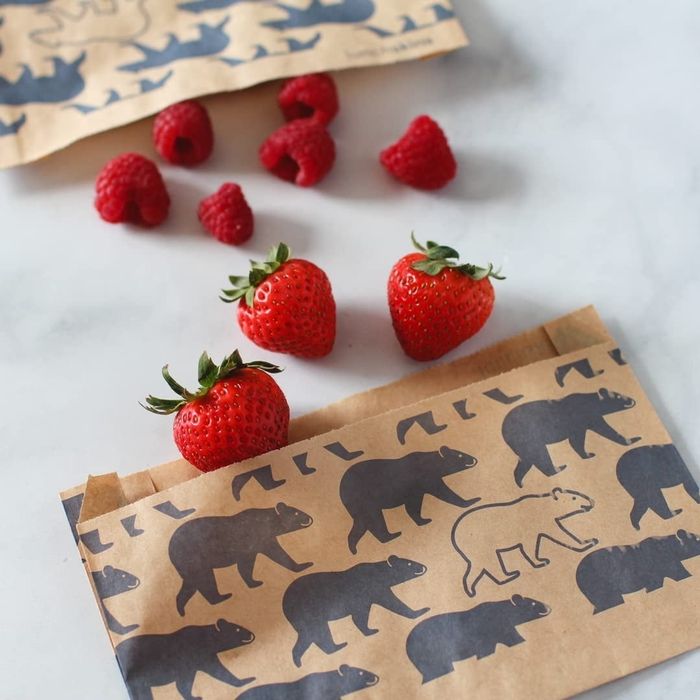 Brown paper bags featuring black bear prints, paired with fresh raspberries and strawberries, arranged on a white background.