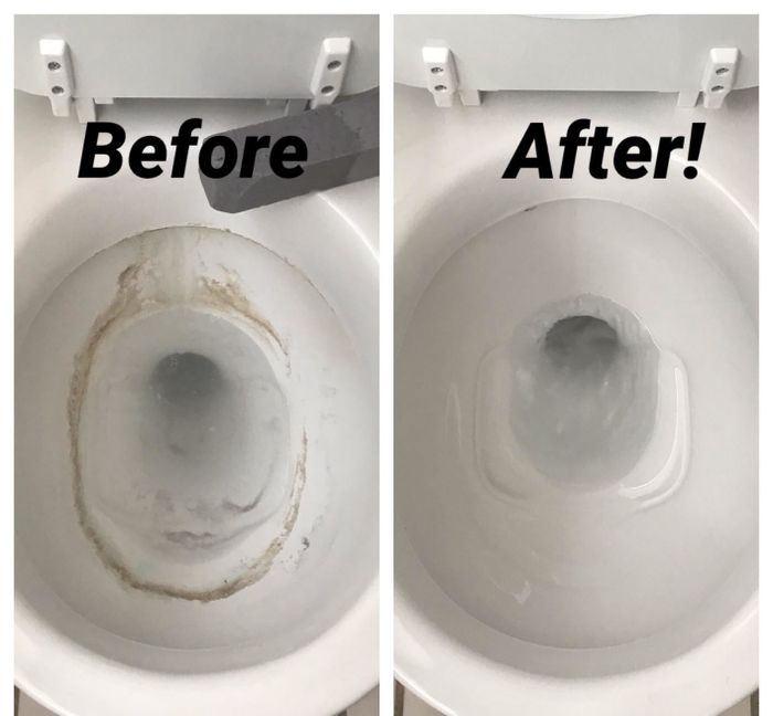 Before and after shots of a stained toilet and a spotless one after using the pumice stone