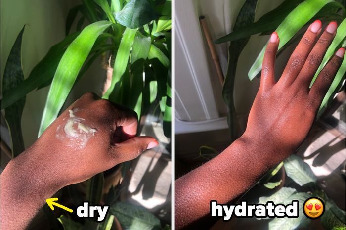 Two images showing the body butter applied to the hand and then massaged in.