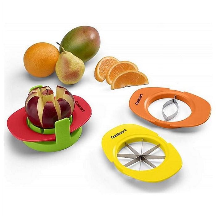 Cuisinart fruit slicers showcased alongside slices of apple, mango, pear, and orange. Each slicer is tailored for specific fruits, with the apple sections clearly displayed.
