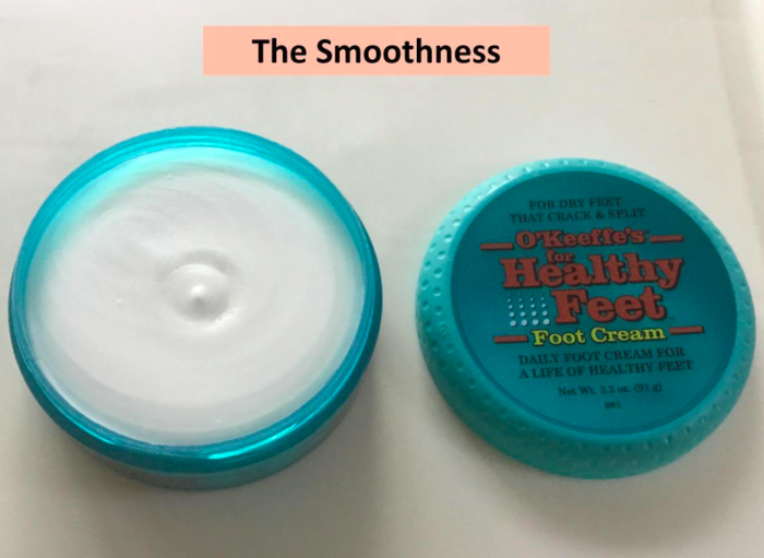 A customer photo zooming in on a jar of O'Keeffe's Healthy Feet Foot Cream