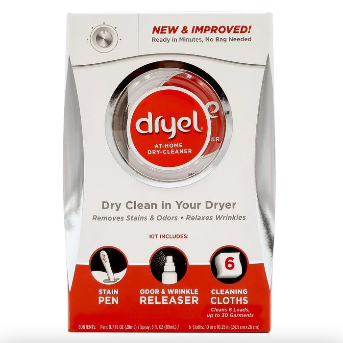 The Dryel At-Home Dry-Cleaner Kit includes a stain pen, wrinkle and odor releaser spray, and six cleaning cloths. It boasts of being 
