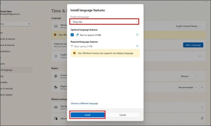 Chọn Install để cài đặt tiếng Việt