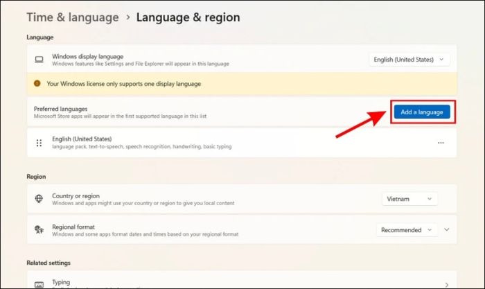 Nhấn vào Add a language để thêm ngôn ngữ mới vào hệ thống