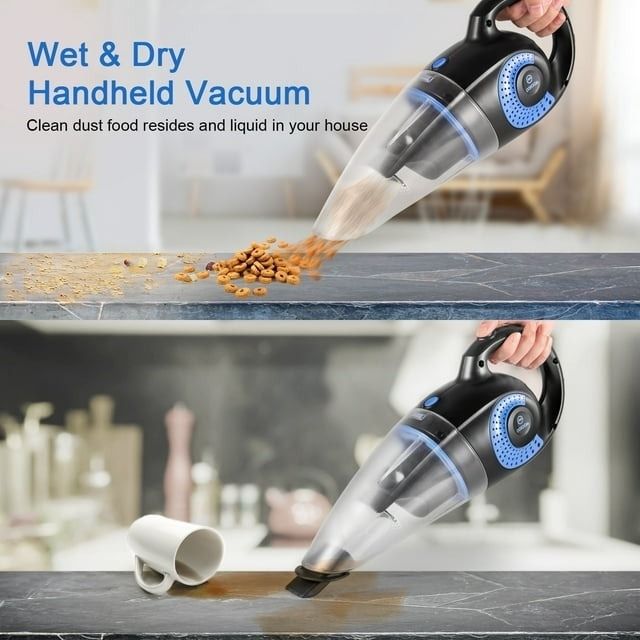 A handheld vacuum cleaning up food and liquid spills from surfaces.