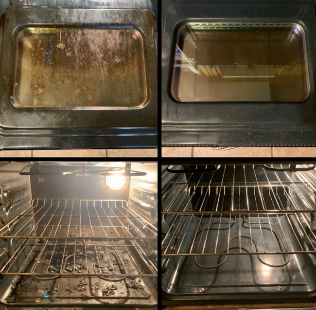 Before and after image from a reviewer showing an oven covered in grime, then spotless after using the product.