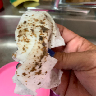 The reviewer holding a paper towel after wiping off the visible grime that was washed out from the machine