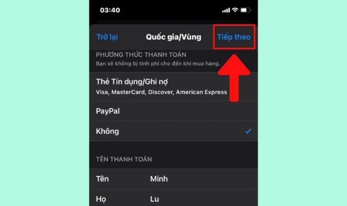 Nhấn vào nút Tiếp theo