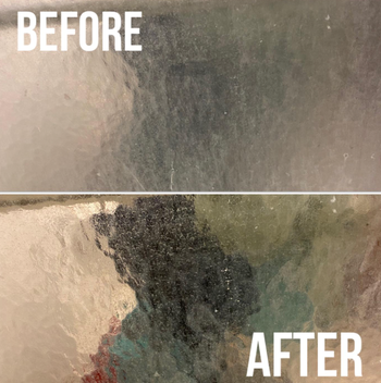 A before-and-after comparison of a surface, with the bottom half showcasing a cleaner, more vibrant area