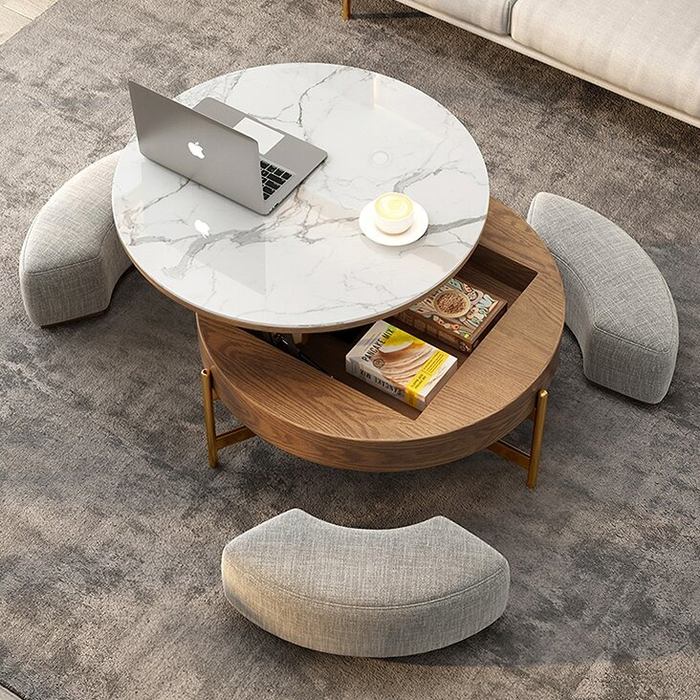 A top-down view showing the ottomans pulled out with the table's lift-top raised.