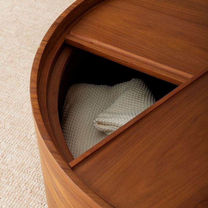 A close-up of the rotating top, revealing the hidden storage inside.