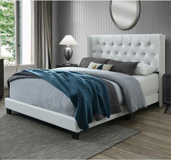 The white Diamond Tufted Upholstered Panel Bed