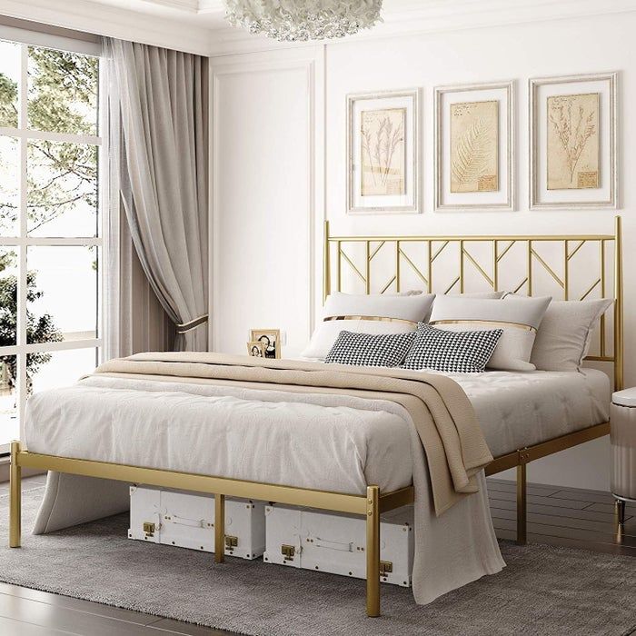 The gleaming metallic gold metal platform bed