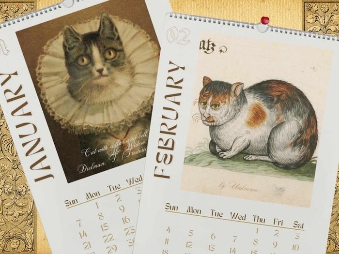 The January and February pages, showcasing Renaissance-era cat illustrations that barely resemble actual cats at all.