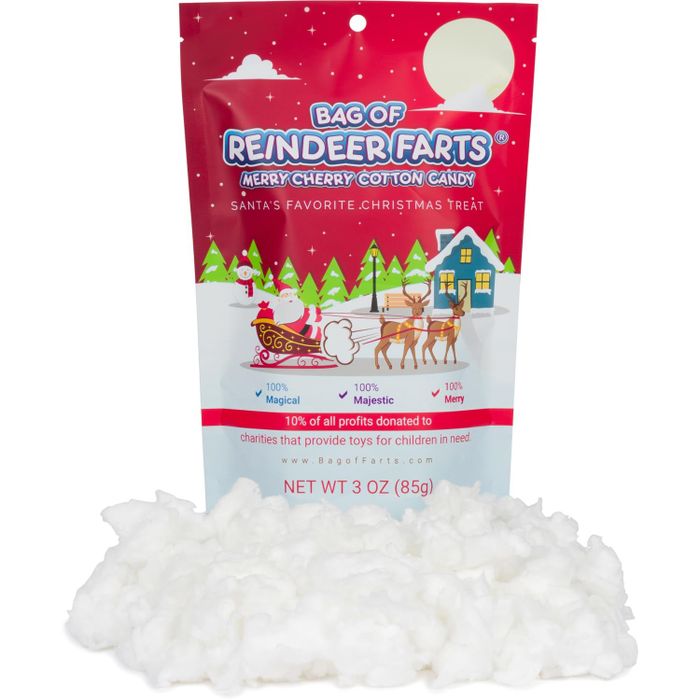 Bag of Reindeer Farts cotton candy with a festive Christmas design featuring Santa and reindeer, with a note highlighting charity donations