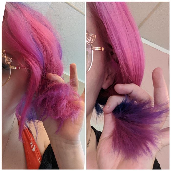 Before and after shots of the reviewer’s pink hair following the hair treatment