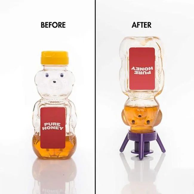 A side-by-side comparison showing a bottle of honey with the cap leaking honey down to the lid.