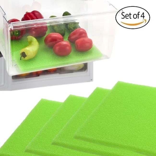 Green foam sheets, one shown as a liner inside a produce drawer