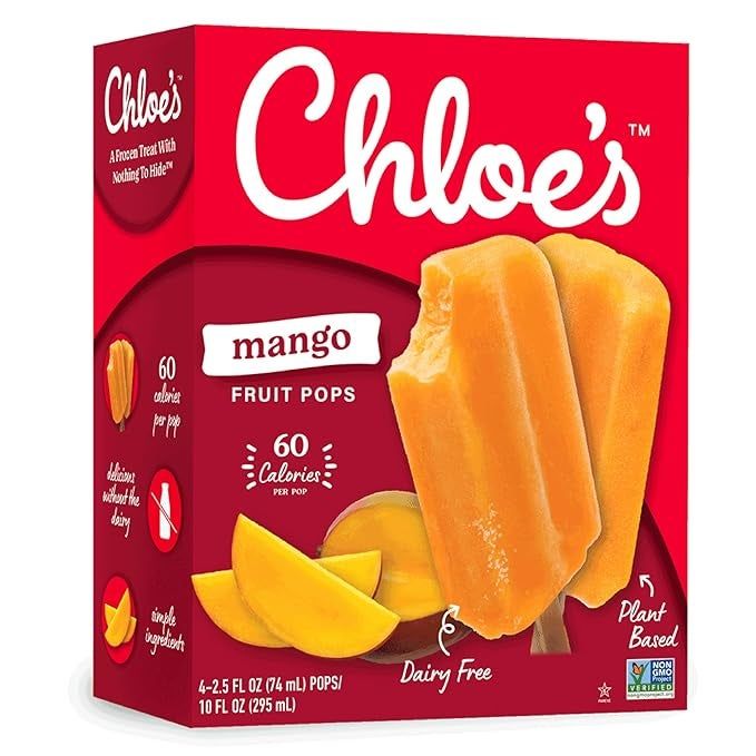 Chloe’s mango fruit pops box featuring two popsicles, mango slices, and text that emphasizes dairy-free, plant-based ingredients with only 60 calories per pop in a 10 fl oz pack.