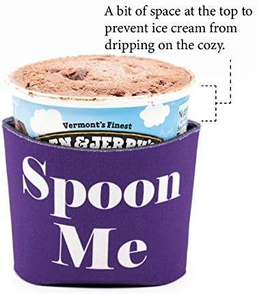 A Ben & Jerry's ice cream pint wrapped in a purple cozy.