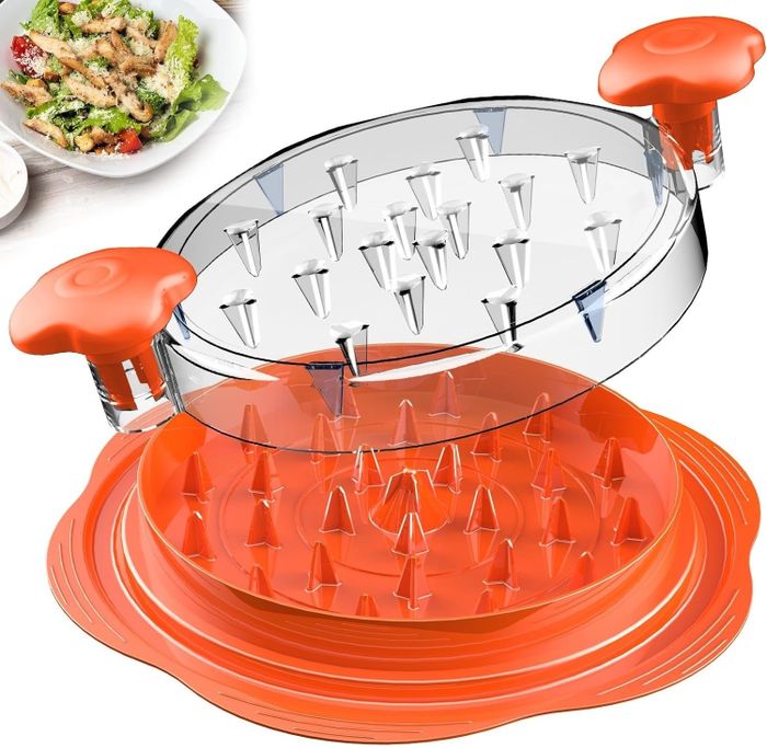 A salad cutting bowl with a slotted lid, designed for quick vegetable chopping. A bowl of salad is visible in the background