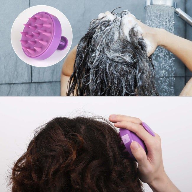 The model demonstrates the use of the massaging scalp brush, highlighting its benefits for a healthy scalp.