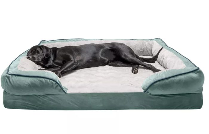 A lab enjoying a cozy nap on a plush teal velvet dog bed.