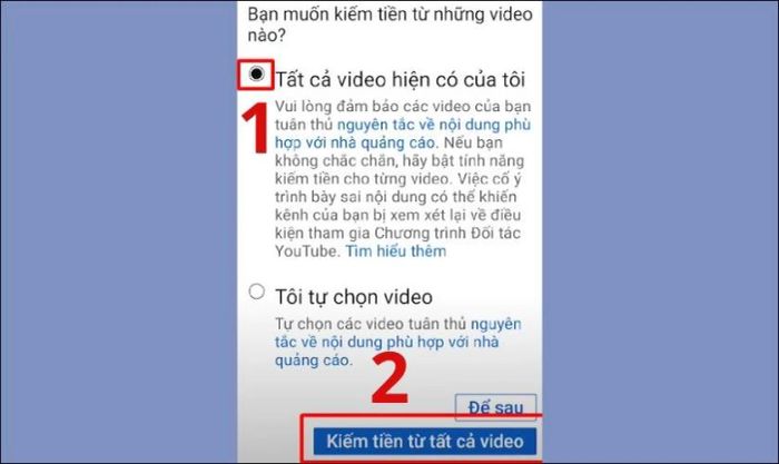 Kích hoạt kiếm tiền cho các video YouTube trên điện thoại
