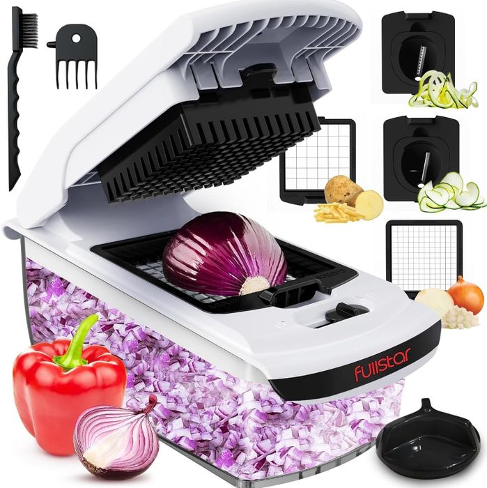 A collection featuring the Fullstar vegetable chopper and its accessories, including interchangeable blades and a container for collecting the chopped pieces