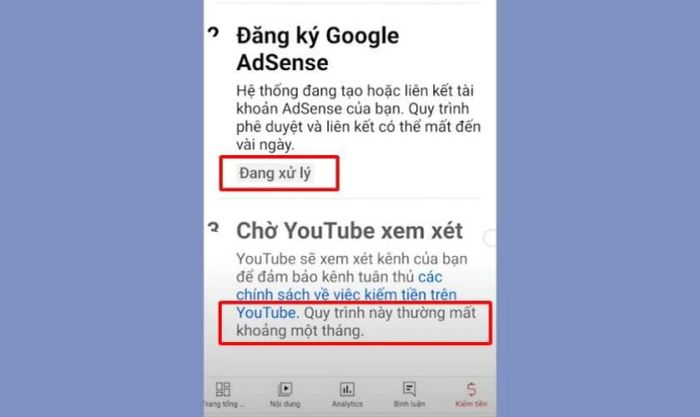 chờ duyệt để bật kiếm tiền trên YouTube