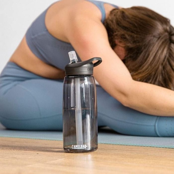 A transparent CamelBak water bottle