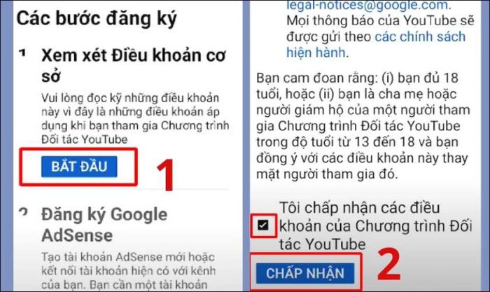 chấp nhận các điều khoản để bật kiếm tiền YouTube trên điện thoại
