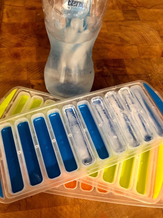 A reviewer’s image showing three ice trays next to a water bottle filled with stick-shaped ice cubes