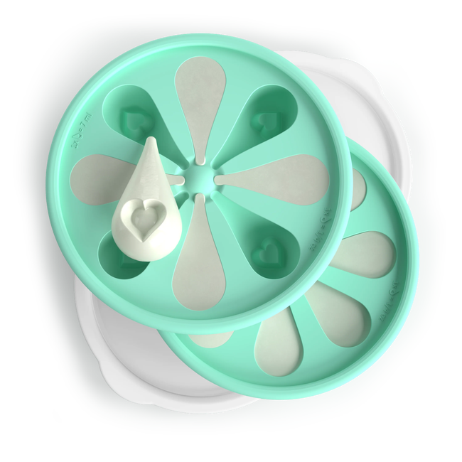 Three stacked green and white flower-shaped silicone baby pacifier sterilizers.