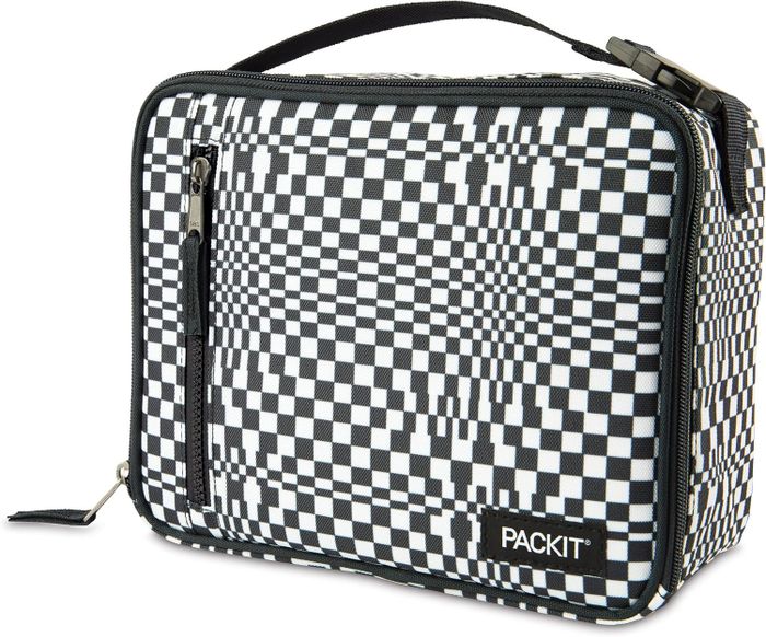 A lunch box with a checker print design