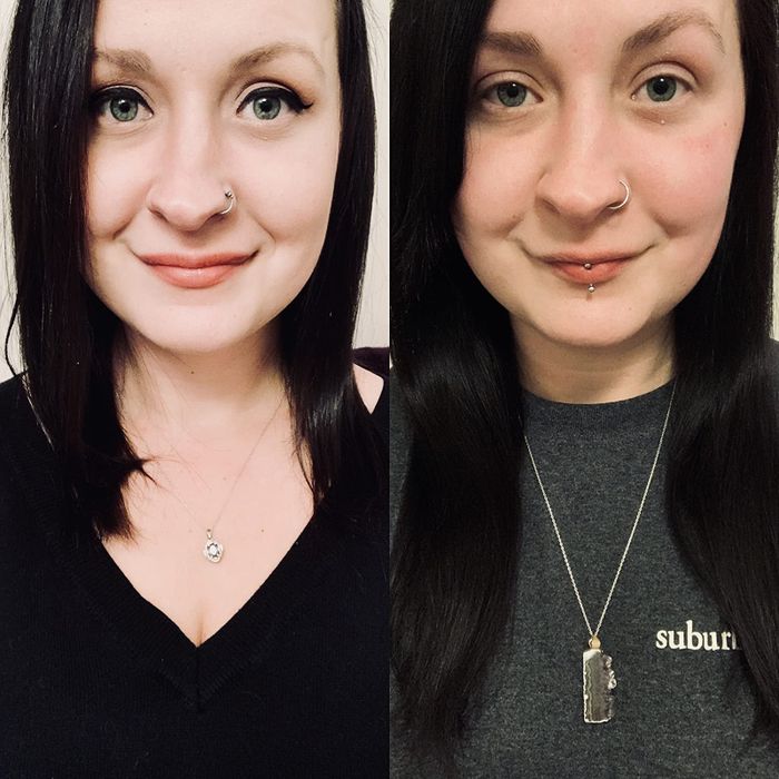 The reviewer's hair before and after using the Marc Anthony leave-in conditioner spray shows a noticeable improvement in strength, shine, and growth.