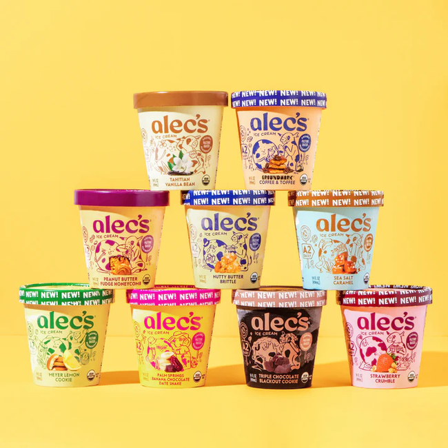 A stack of nine pints of Alec's ice cream with visible flavors like Nutty Butter, Tahitian Vanilla Bean, and Strawberry.