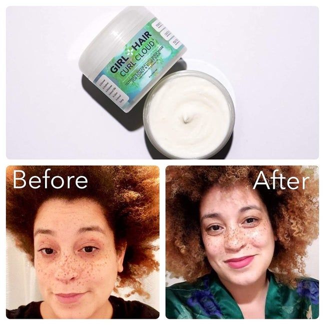 The jar of Girl + Hair Curl Cloud is shown alongside the model, illustrating the transformation with before-and-after results.