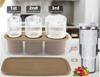Three labeled glasses arranged on a tray, next to a bottle with ice size indicators.