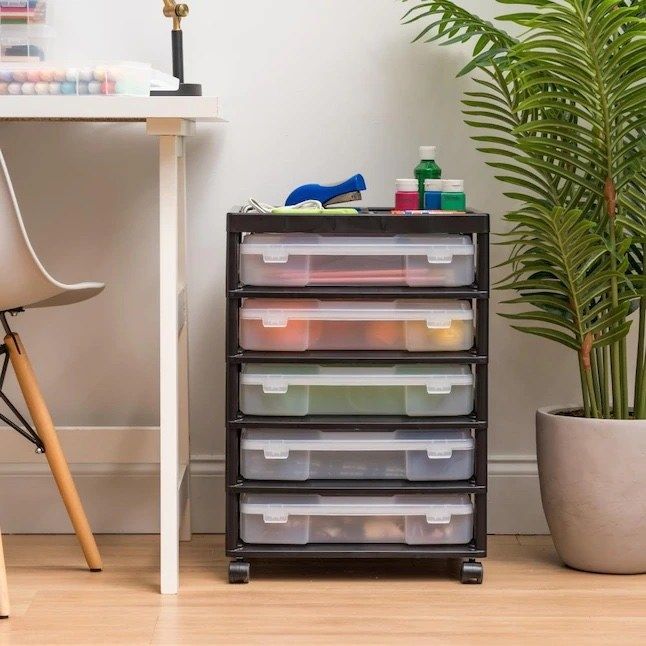 The storage container with items both inside and on top