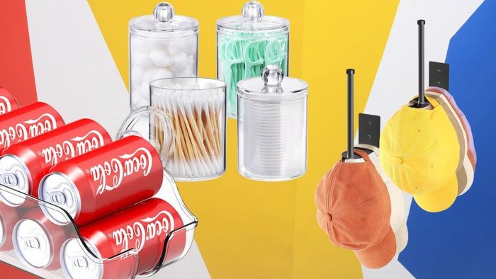 Storage bins, acrylic jars, and cap racks are great options