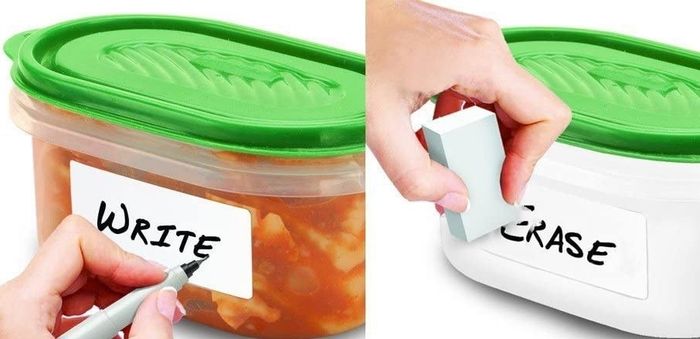 Three Tupperware containers with distinct labels that read 'write,' 'erase,' and 'reuse,' showcasing their functionality.