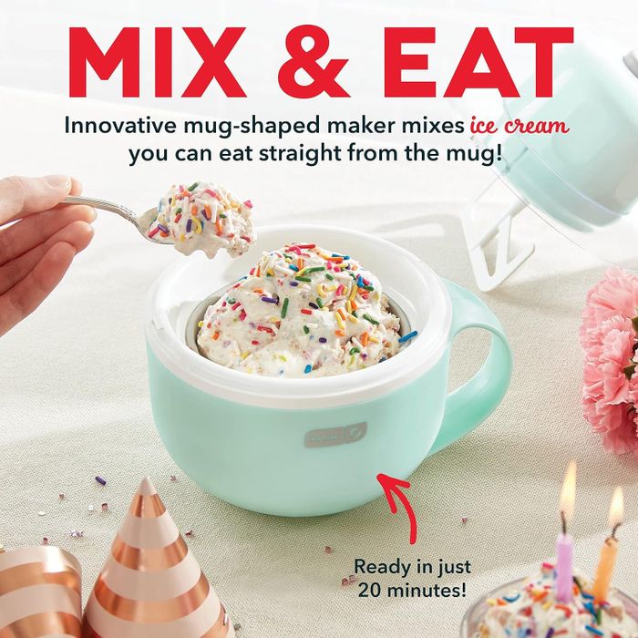 A hand holding a spoonful of ice cream above a mug-shaped ice cream maker with text.