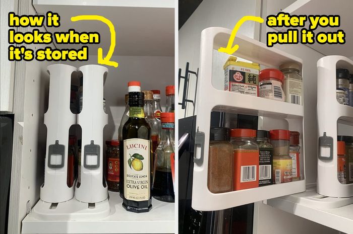 Two slim spice organizers placed in a cabinet, with a second image showing a reviewer pulling one out and rotating it for easy access