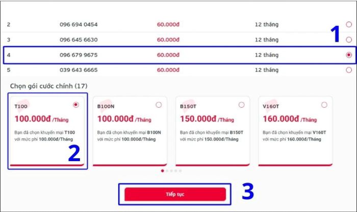 chọn sim và gói cước mà bạn muốn mua